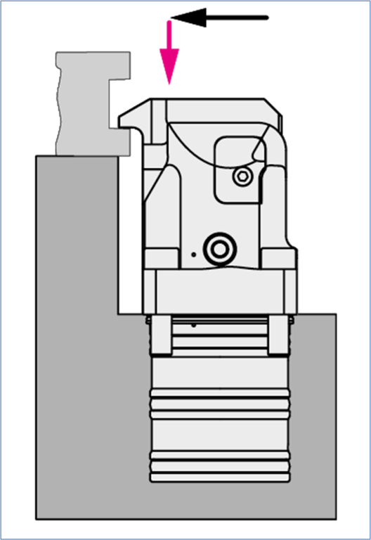 The innovation lies in the unique, patented kinematics- the clamping lever first moves horizontally towards the workpiece and then clamps vertically downwards (photo- ROEMHELD)